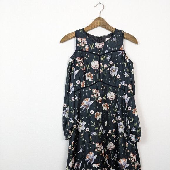 Cinq à Sept Black Terracotta Floral Cold Shoulder Satin Mini Dress - Picture 3 of 8